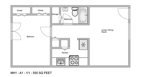 Floor plan for 1 bed, 1 bath, 550 sqft
